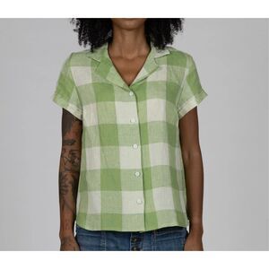 Pyne & Smith 100% Linen Gingham Short Sleeve Button Up Blouse size Small